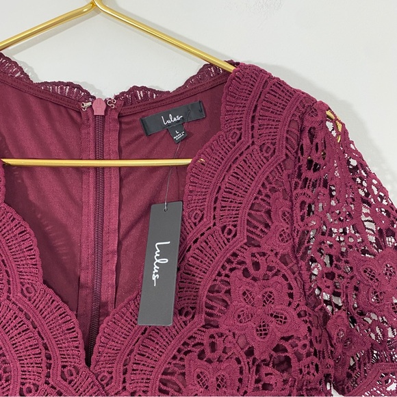 Lulus NWT Angel in Disguise Burgundy Lace Skater Dress fit Flare Pleated - Picture 4 of 11